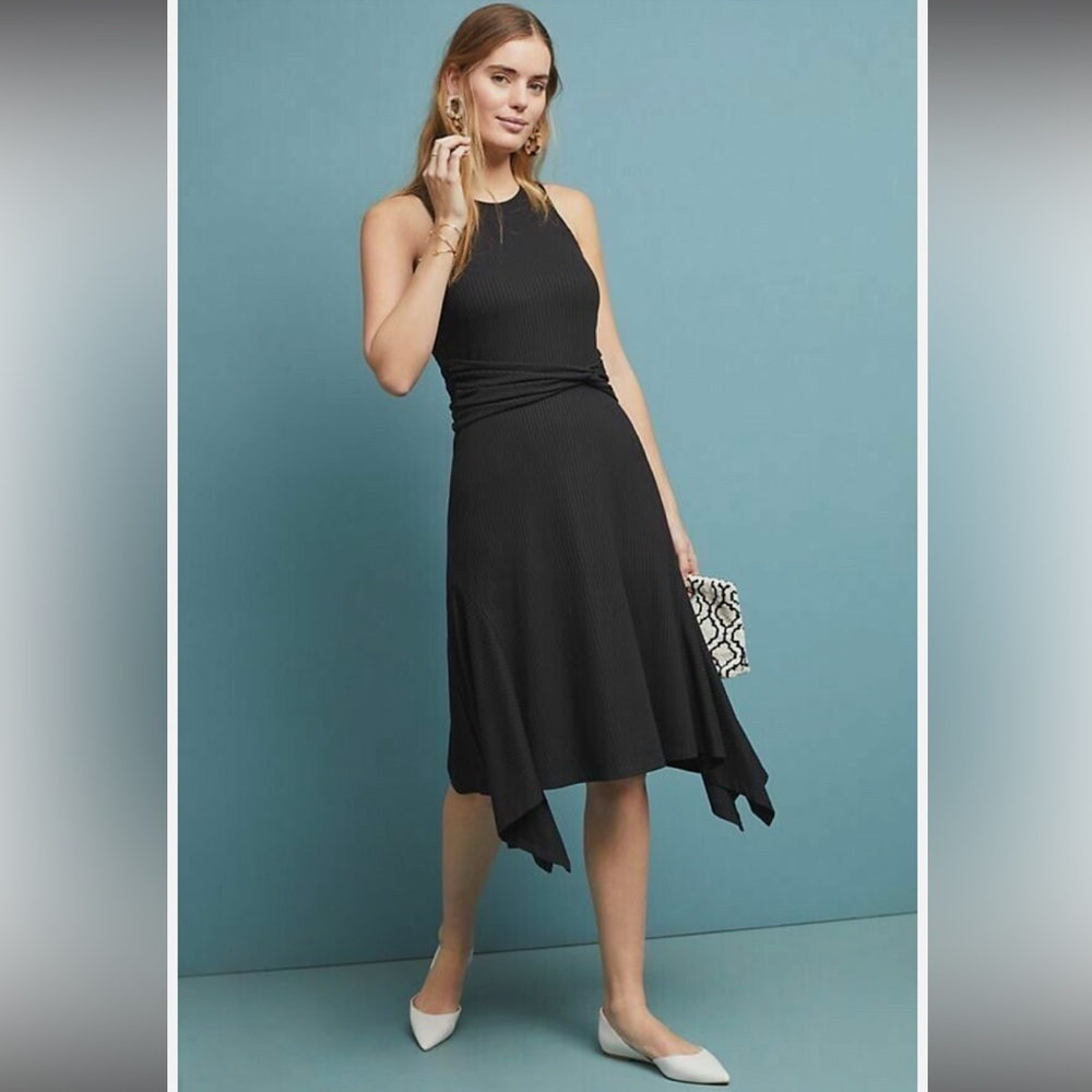 Anthropologie Black Ribbed Kingsolver Midi Dress